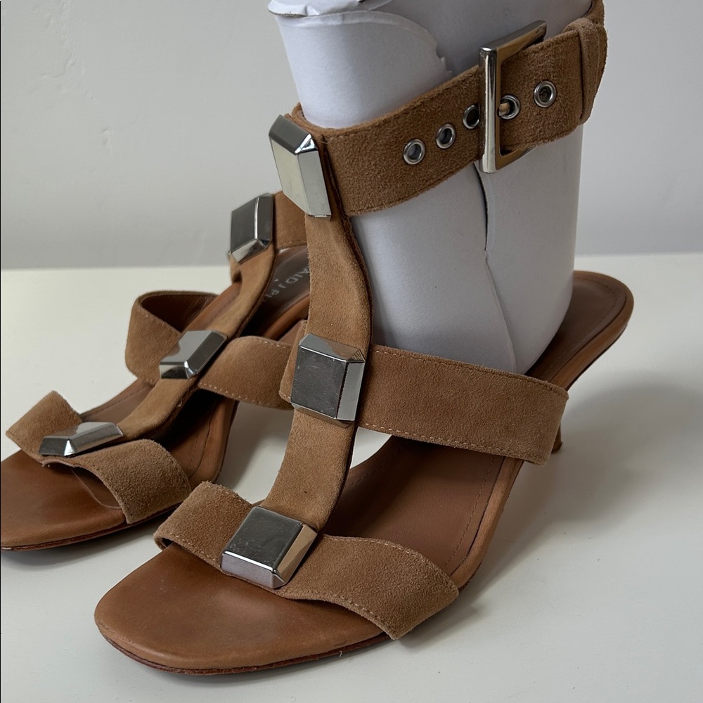 Donald J. Pliner Tan Suede Sandals with Silver Accents & Buckles